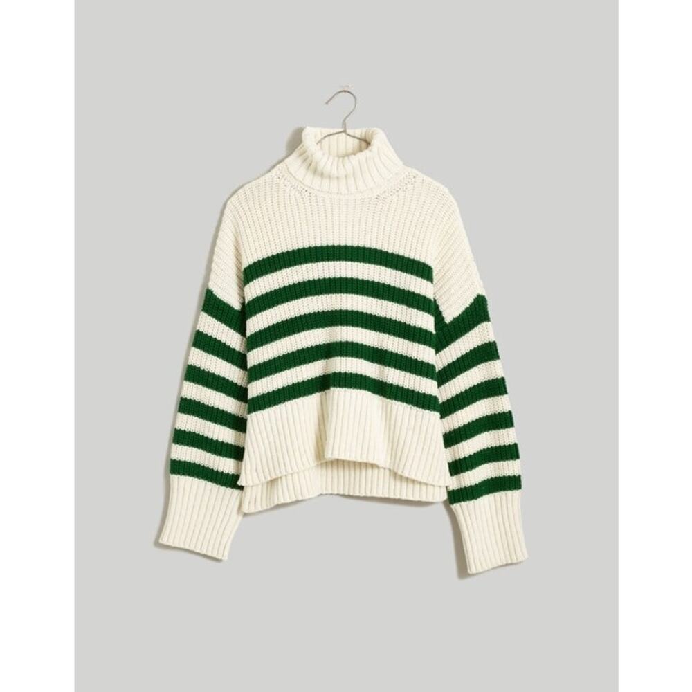 Madewell | NEW Wide Rib Turtleneck Sweater in Varsity Green/White Stripe Preppy - Picture 4 of 15